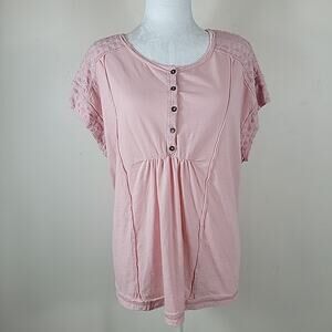 Knox Rose Top Women 2XL Pink Babydoll‎ Buttons Short Sleeve Embroidered Boho